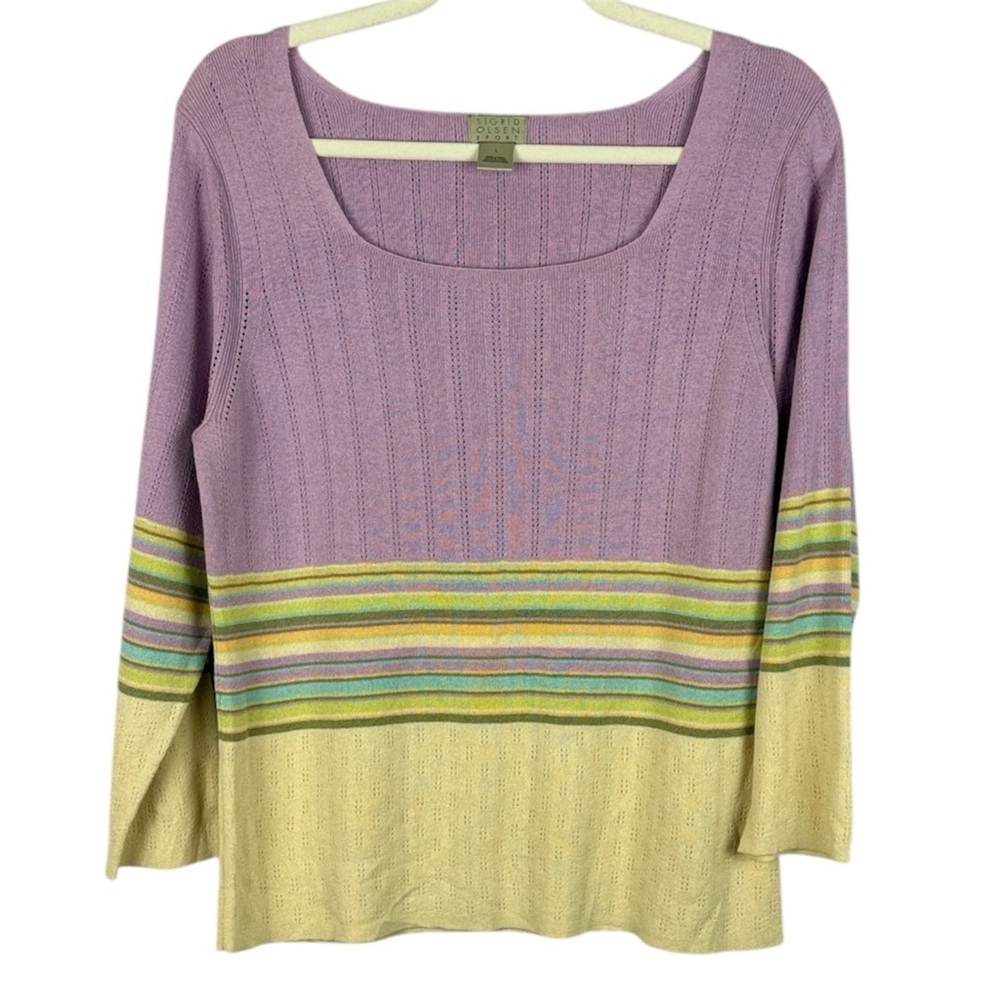 Sigrid Olsen Sport Cotton Blend Lilac Yellow Striped Detail Large Knit Top